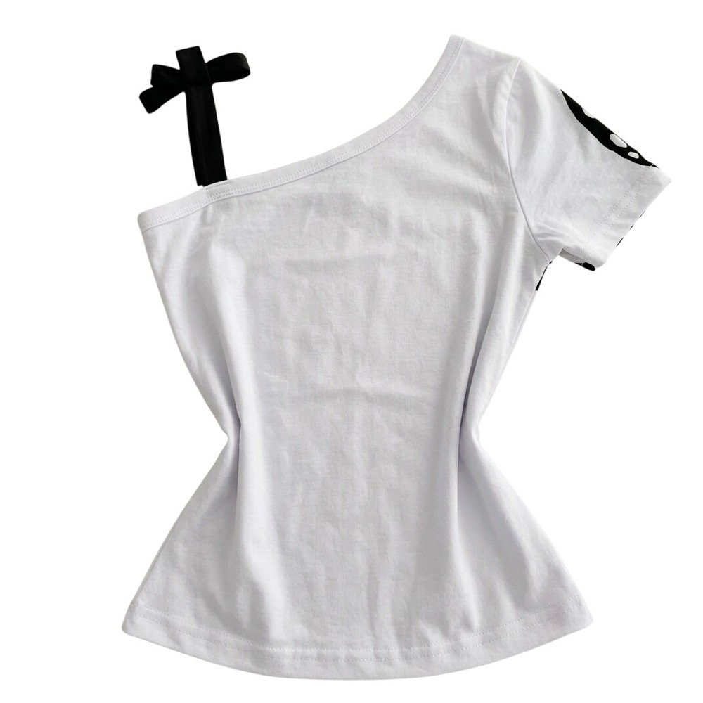 White Butterfly Wing One Shoulder Graphic Top with Black Bow Strap Asymmetric - Picture 2 of 4